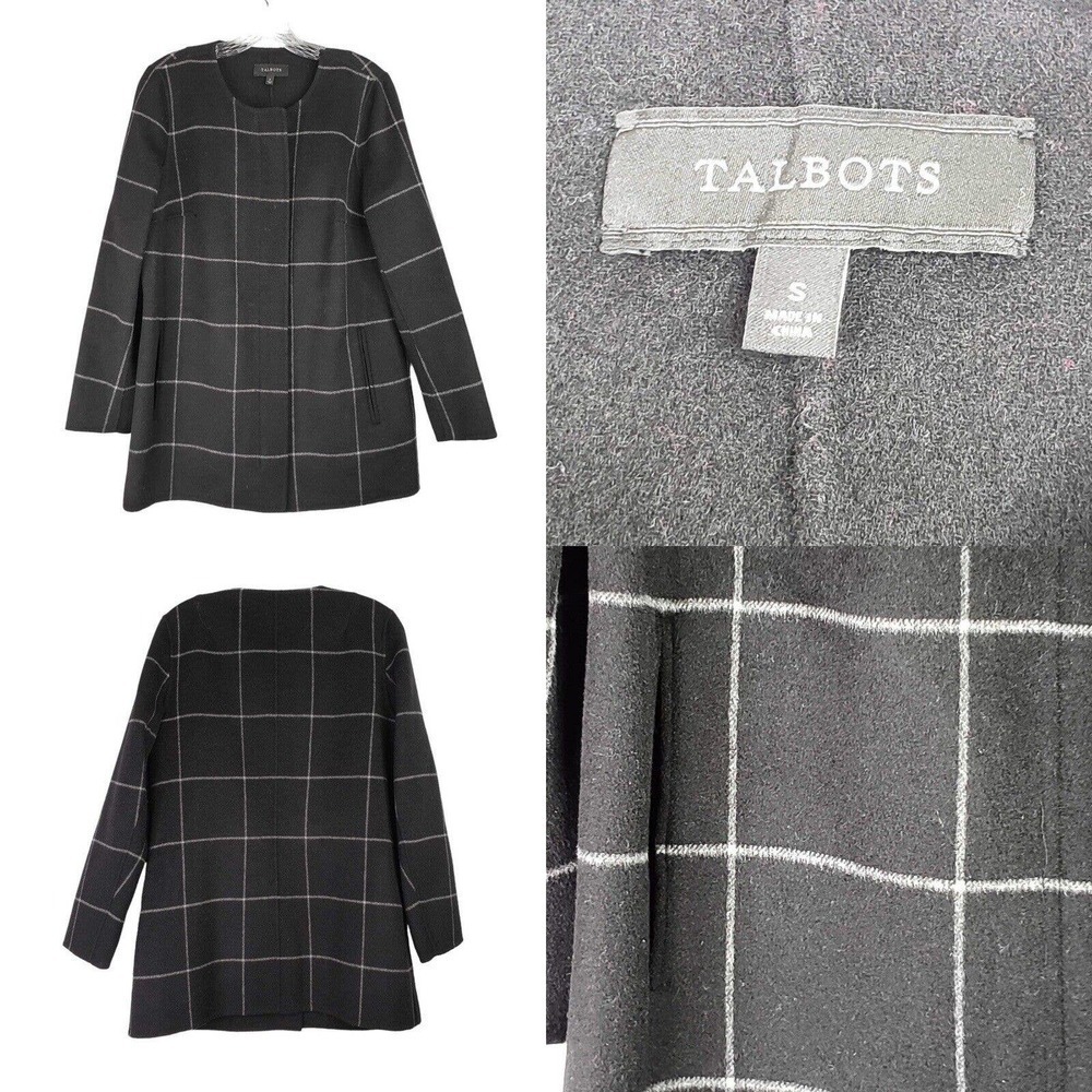 Talbots Blazer Jacket Womens Size Small Wool Longline Black Windowpane Plaid